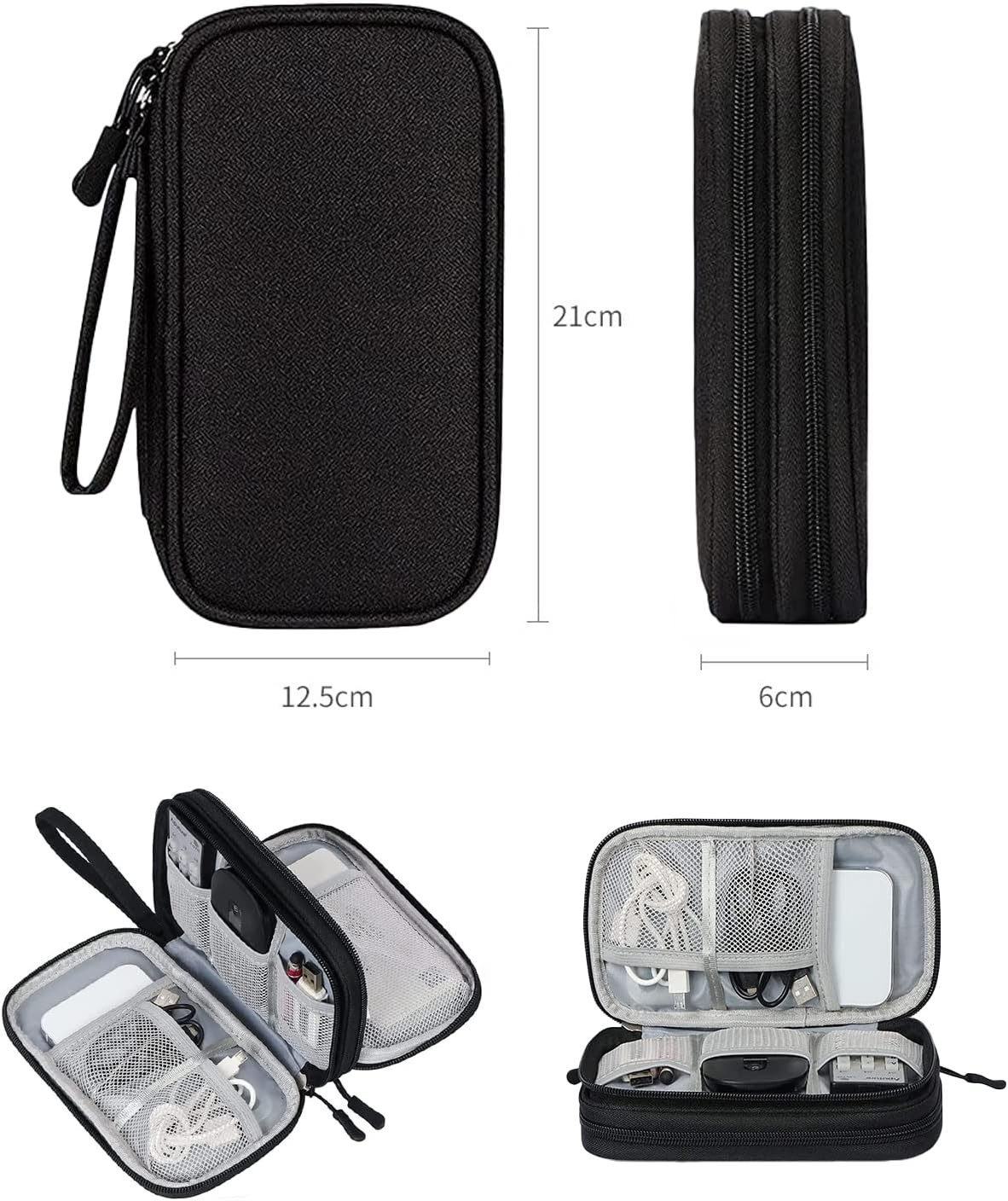 (21x12.5x6cm) Universal Nylon Tasche Reise Organizer für Smartphones / Ladekabel mit Doppel Reissverschluss - Schwarz