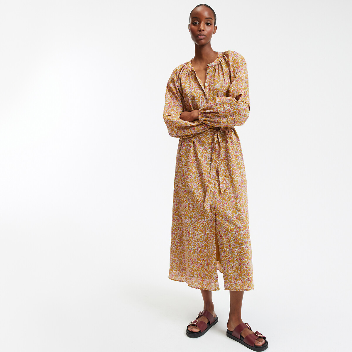 COLEÇÕES LA REDOUTE<br>Vestido longo com estampa floral e mangas bufantes