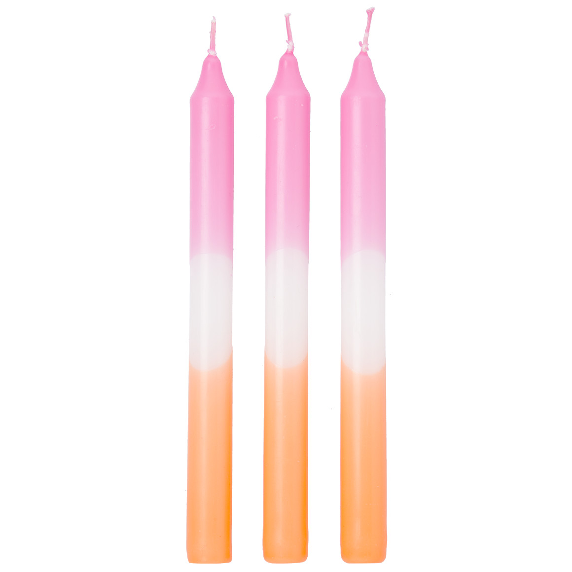 3 Stabkerzen mit  farbigem Muster rosa / weiss / orange