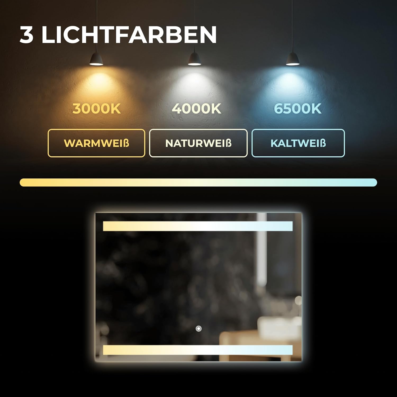 BR Bringer LED Badspiegel - 70x50 cm - Badezimmerspiegel mit Beleuchtung und Anti-Beschlag Funktion - Dimmbar, Energiesparend, 3 Lichtfarben, Touch-Schalter und Speicherfunktion (Modell: BRS106)