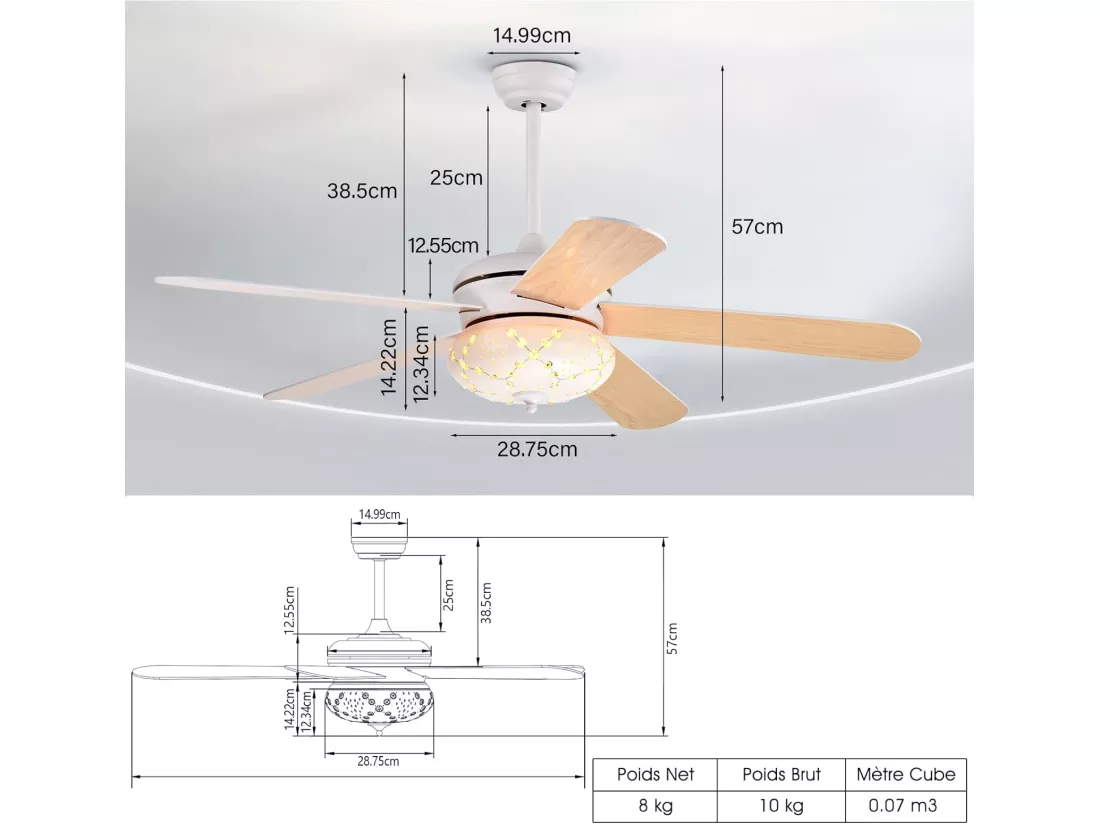 Ventilateur de Plafond Dia. 132CM avec Télécommande 5 Pales Réversibles 3 Vitesses et Minuterie 1-8H