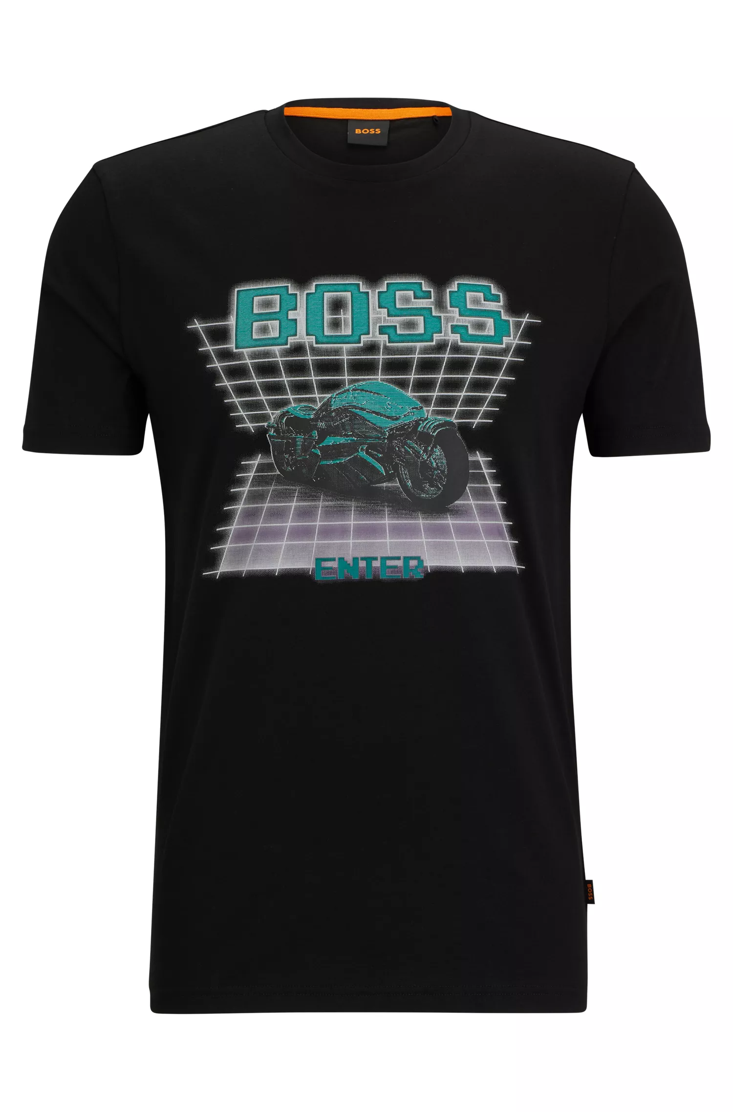 Camiseta BOSS laranja em malha de algodão com estampa do logotipo da estação.