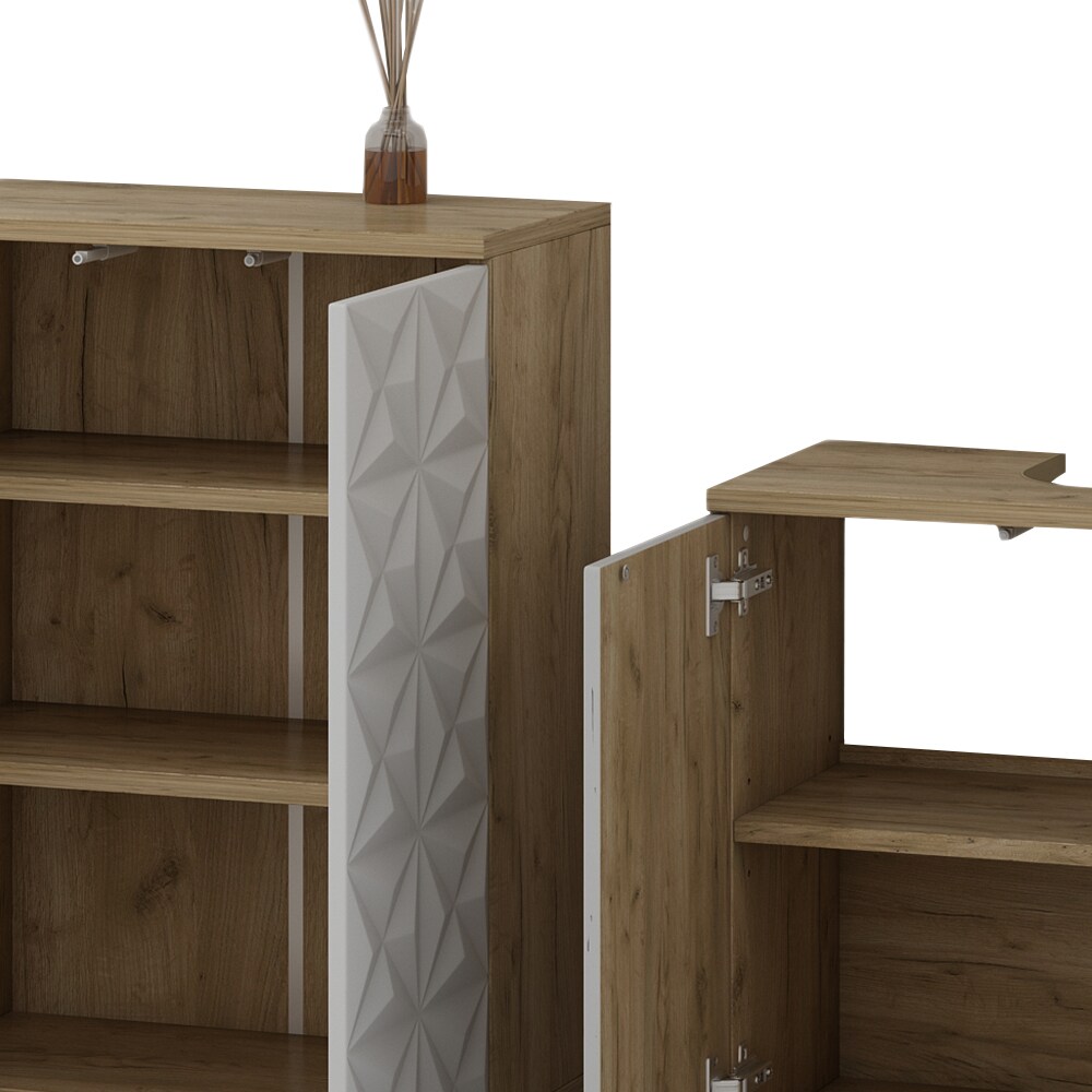 Vicco Badmöbel-Set Badezimmer-Möbel Bad-Schrank Edge Eiche Weiß modern Badezimmerschrank Waschbeckenunterschrank Spiegelschrank Hochschrank Badezimmerkommode