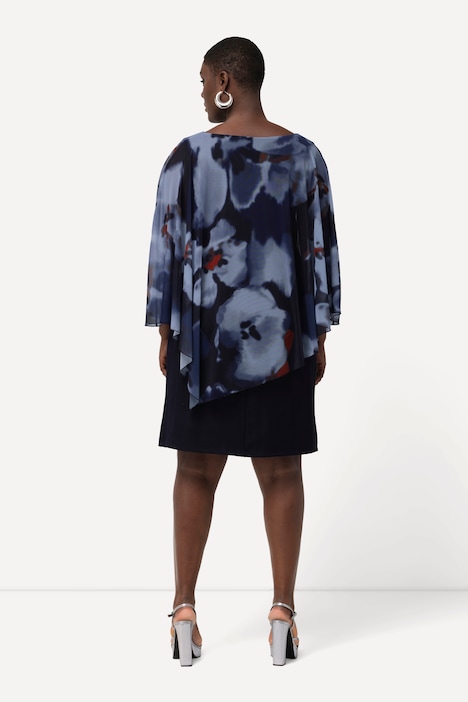 Kleid, Lagenoptik, Blüten, Rundhals, 3/4-Arm