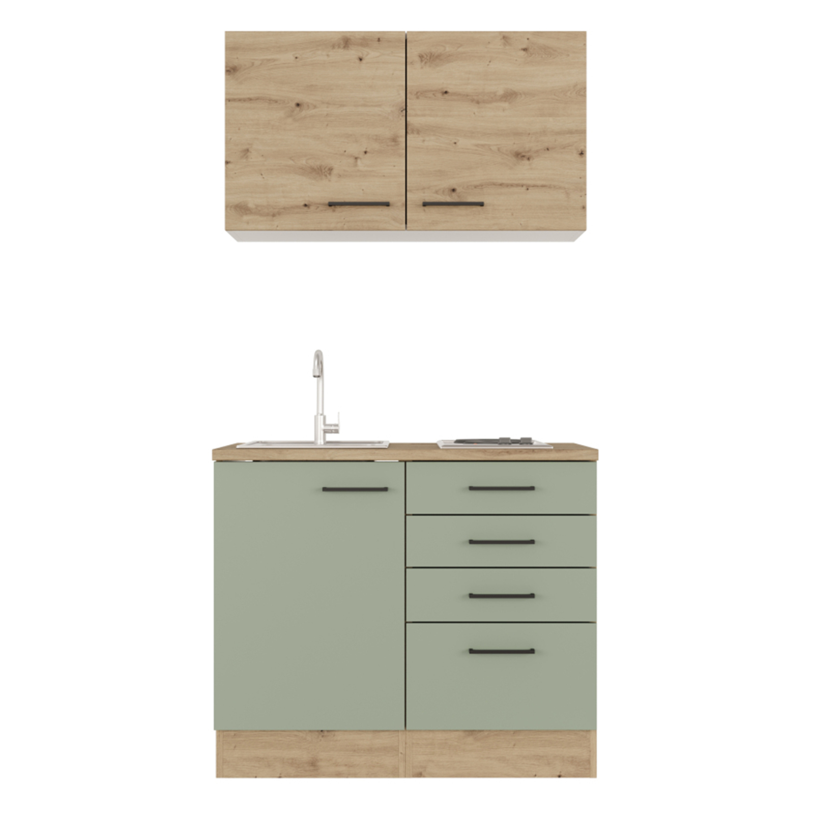 Küchenblock CARA - schilfgrün - Artisan Eiche - mit Kochfeld - 100 cm