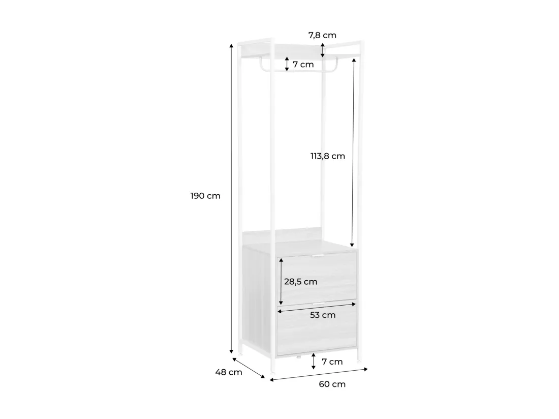 Module dressing blanc avec 1 penderie. 2 tiroirs et 1 étagère. L 60 x P 48 x H 190 cm
