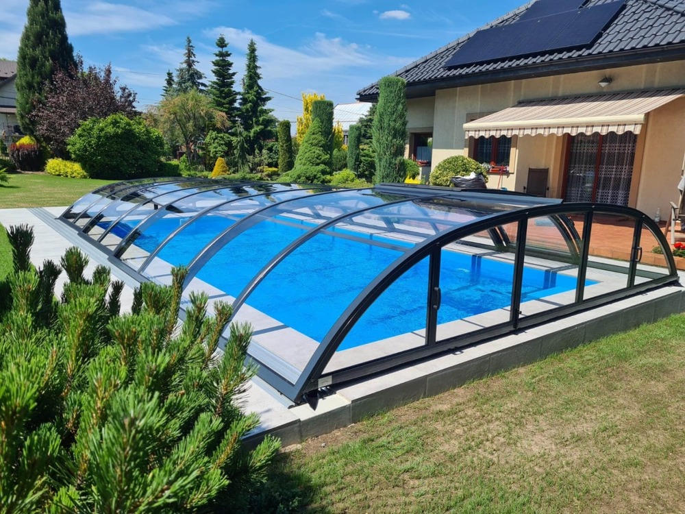 Abri de piscine horizon - 8,61x4,20 m - polycarbonate massif 3 mm - couleur ral7016 graphite