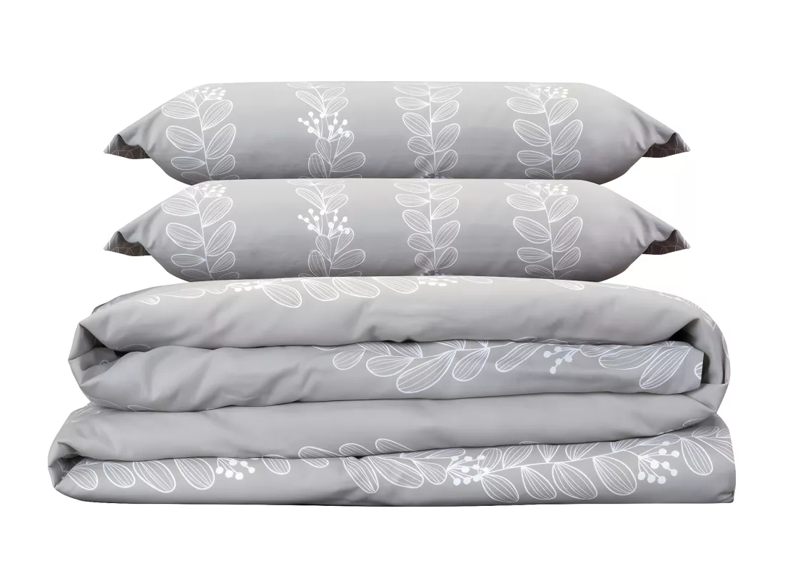 Jeu de housse de couette 50% coton imprimé feuilles Gris