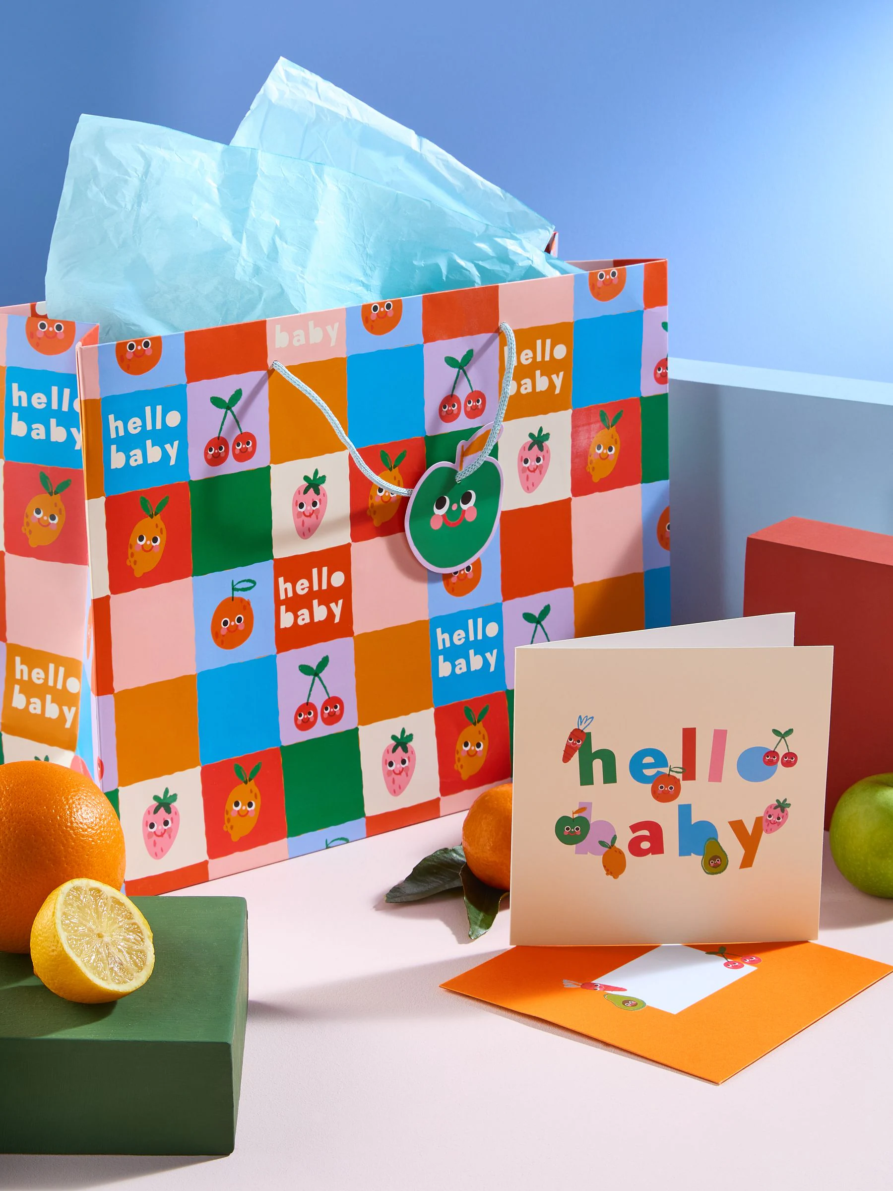 Cadeautas en kaartset met fruitmotief voor baby's