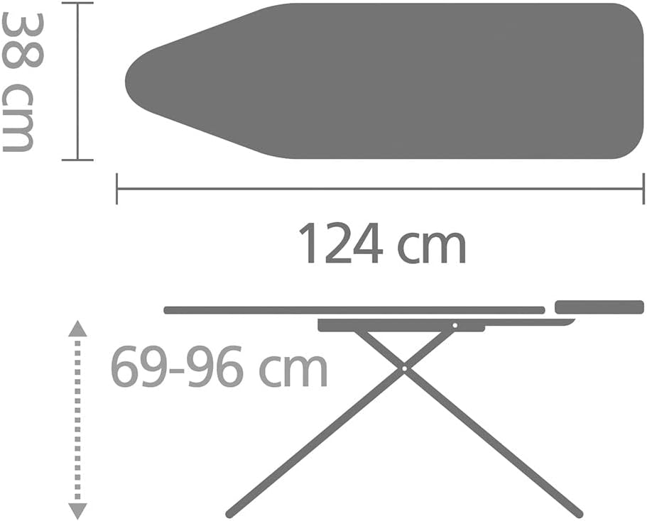 Brabantia Bügelbrett B, 124 x 38 cm – Metallised | 100% Fairtrade-Baumwolle | Stabiler, kippsicherer Rahmen | Faltbar, höhenverstellbar, solide Dampfbügeleisenablage | Fairtrade, C2C-Zertifiziert