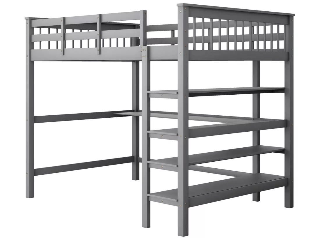 Lit mezzanine 140 x 200 cm - bureau + étagères de rangement - pin et MDF - gris