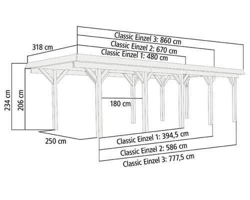 Enkele carport Karibu Dahnen 2 variant A 318x670 cm drukgeïmpregneerd