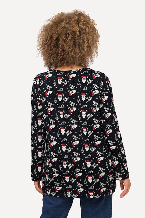 Shirt, Weihnachtsmuster, A-Linie, Herzausschnitt, Langarm