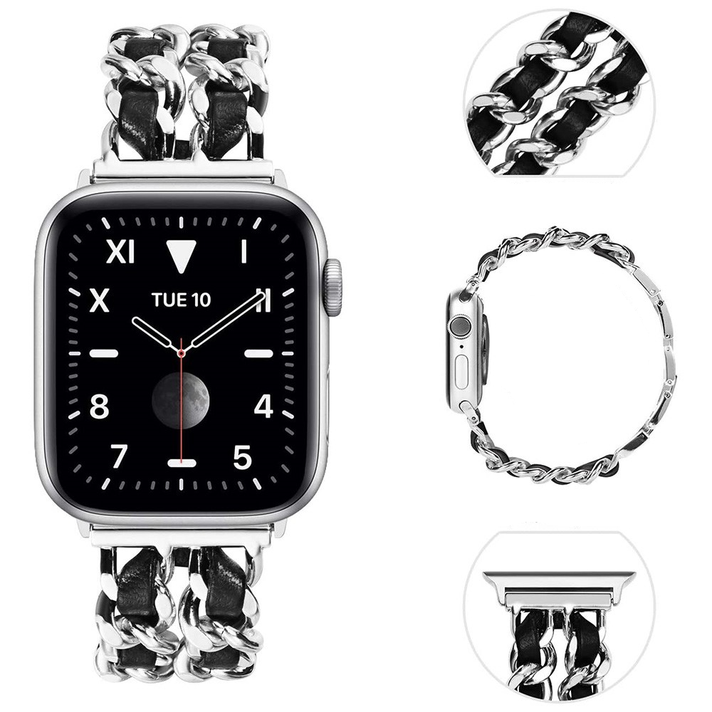 Apple Watch (49/46/45/44 mm) Edelstahl Armband mit Lederband - Silber / Schwarz