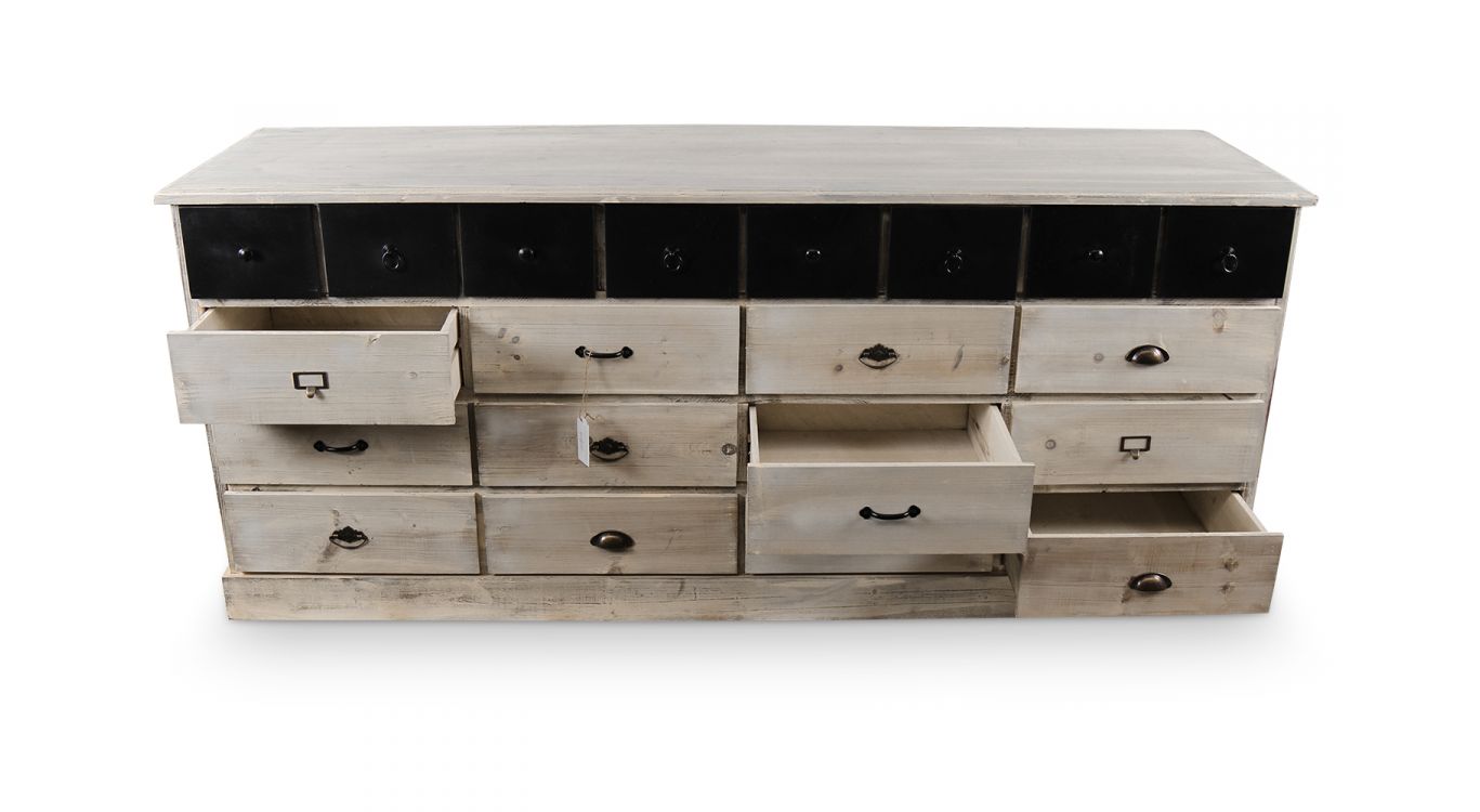 Bahut 20 tiroirs bois blanc cérusé 199x55x85cm