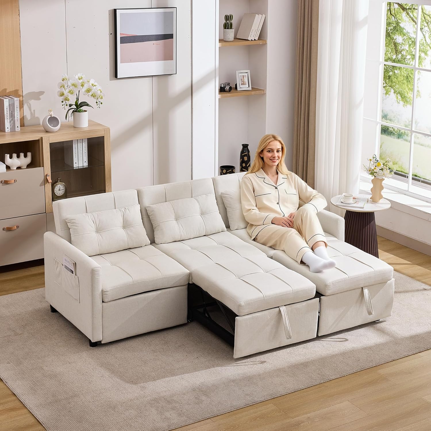 Bladez L-förmiges Ecksofa mit Schlaffunktion Schlafsofa mit Verstellbare Rückenlehne Modernes 3-Sitzer Eckcouch mit Chaise Longue für Wohnzimmer (Beige-C)
