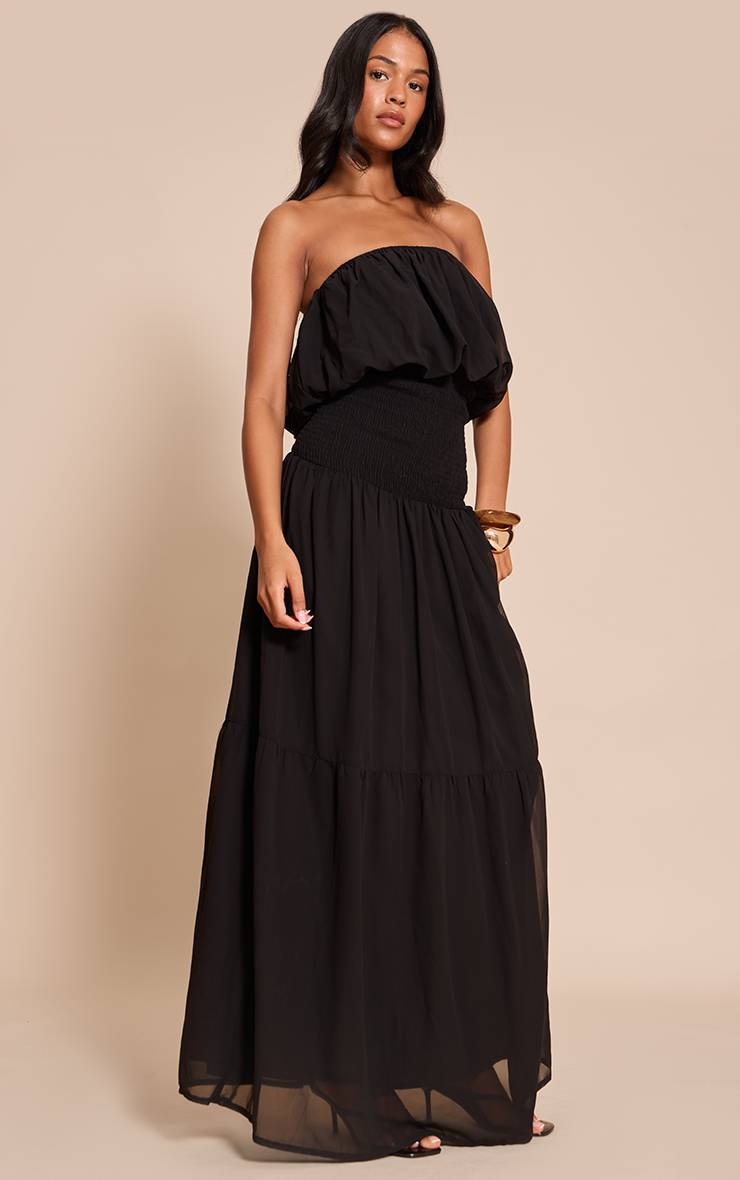 Noir Robe Maxi Longue En Mousseline À Bustier Avec Taille Froncée