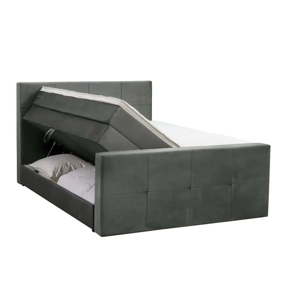 Boxspring met opbergruimte en voetbord Liv geblokt - grijs - 160x200cm