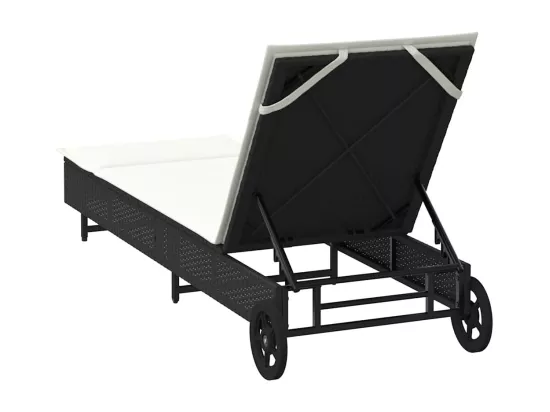 Chaise longue avec roues et coussin noir résine tressée