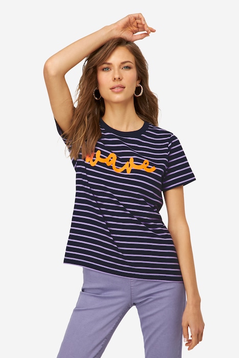 T-Shirt, Ringel, Statement Stickerei, Rundhals, Halbarm, OEKO-TEX