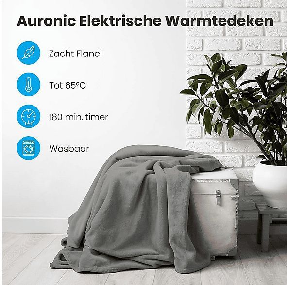 Auronic Elektrische Deken - Warmtedeken - 3 Warmtestanden - 2 Persoons - Bovendeken - Met Timer - 200 x 180 cm - Grijs