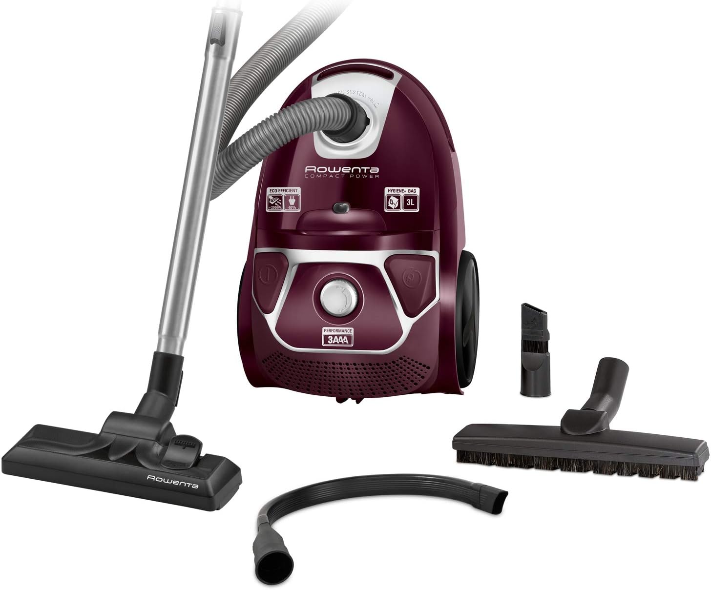 Rowenta RO3969 Compact Power Beutel-Staubsauger (Maximale Leistung: 750 Watt, Staubbeutelkapazität: 3 Liter) dunkelrot/Silber & Hygiene+ ZR200520 Staubsaugerbeutel 4 TLG.
