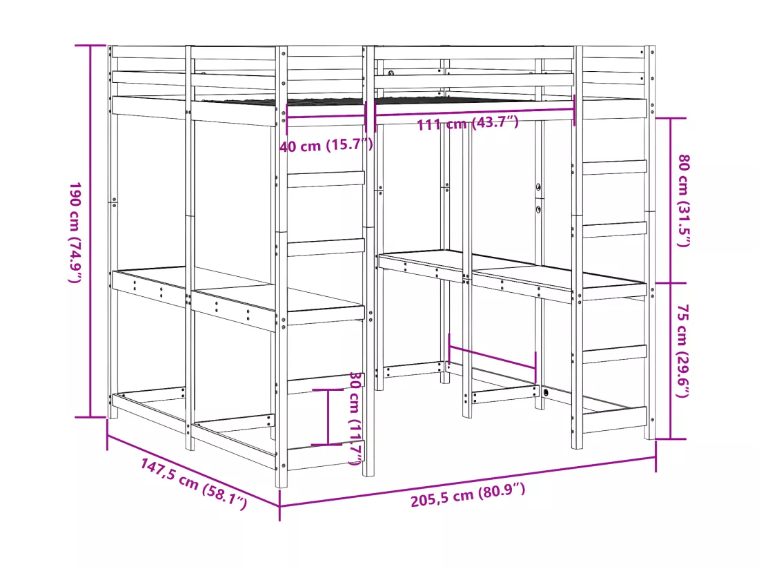 Lit superposé et bureau et échelle 140x200cm bois de pin massif