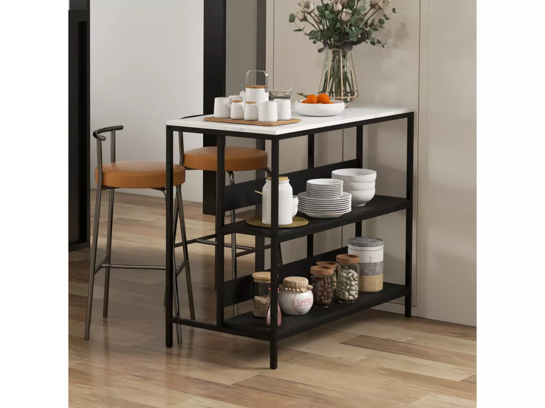 Îlot central de cuisine - 2 étagères, plateau - dim. 100L x 50l x 90H cm - châssis acier panneaux noirs plateau aspect marbre blanc