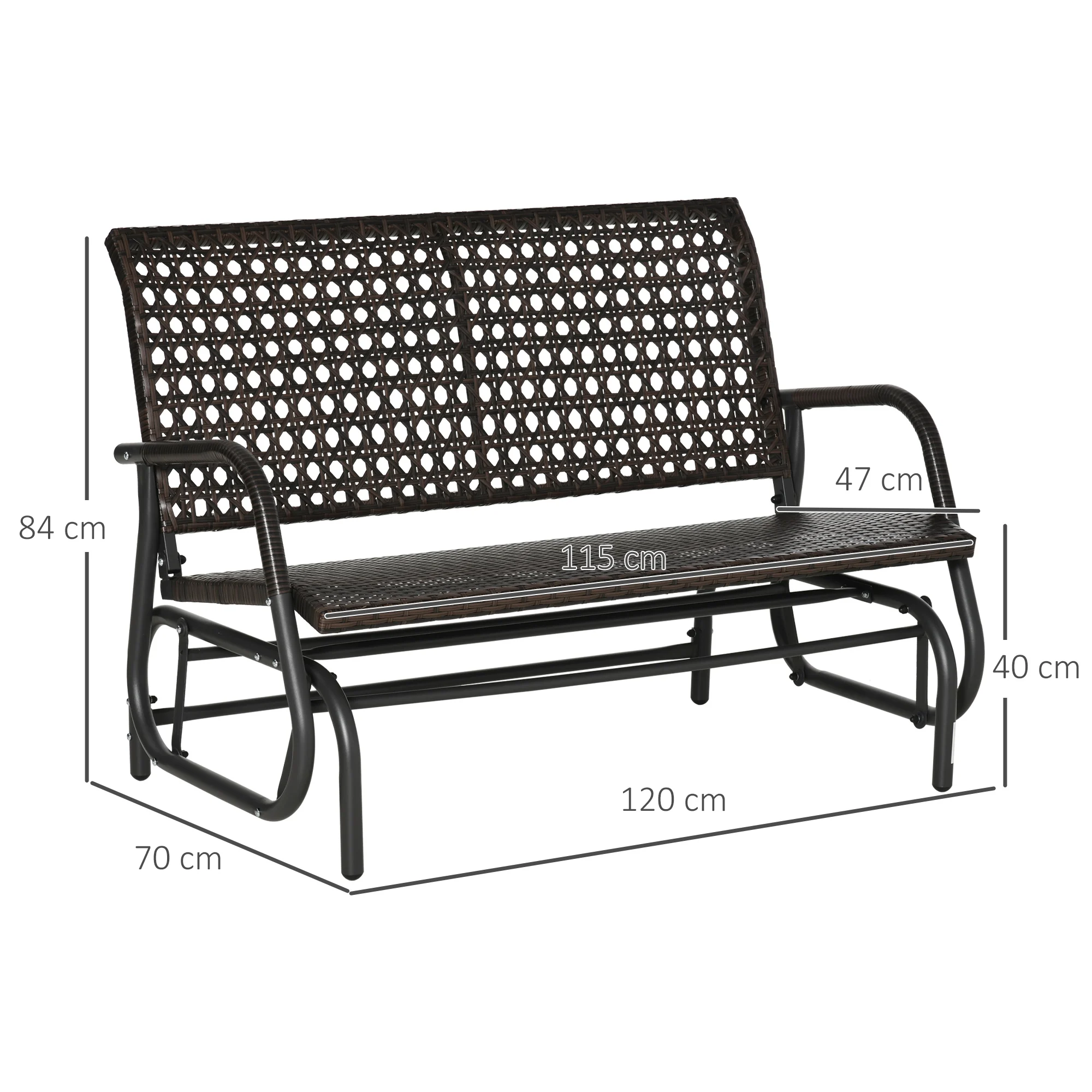 Cadeira de balanço de vime Outsunny para 2 pessoas, banco de balanço para jardim com mecanismo de balanço ergonômico e estrutura de metal para terraço, varanda, pátio externo, hotel, capacidade de carga de 220 kg, 120x70x84 cm, marrom
