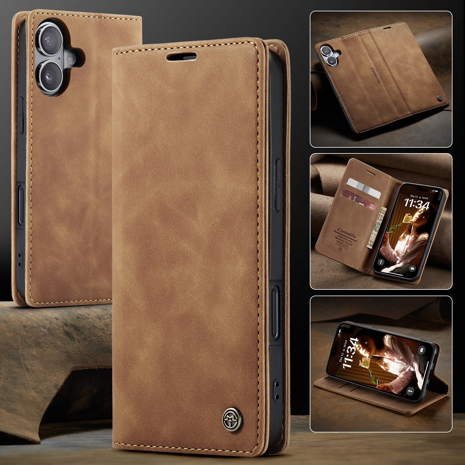 iPhone 17 Leder Tasche Flip Wallet Etui mit Kartenfächern - Hellbraun