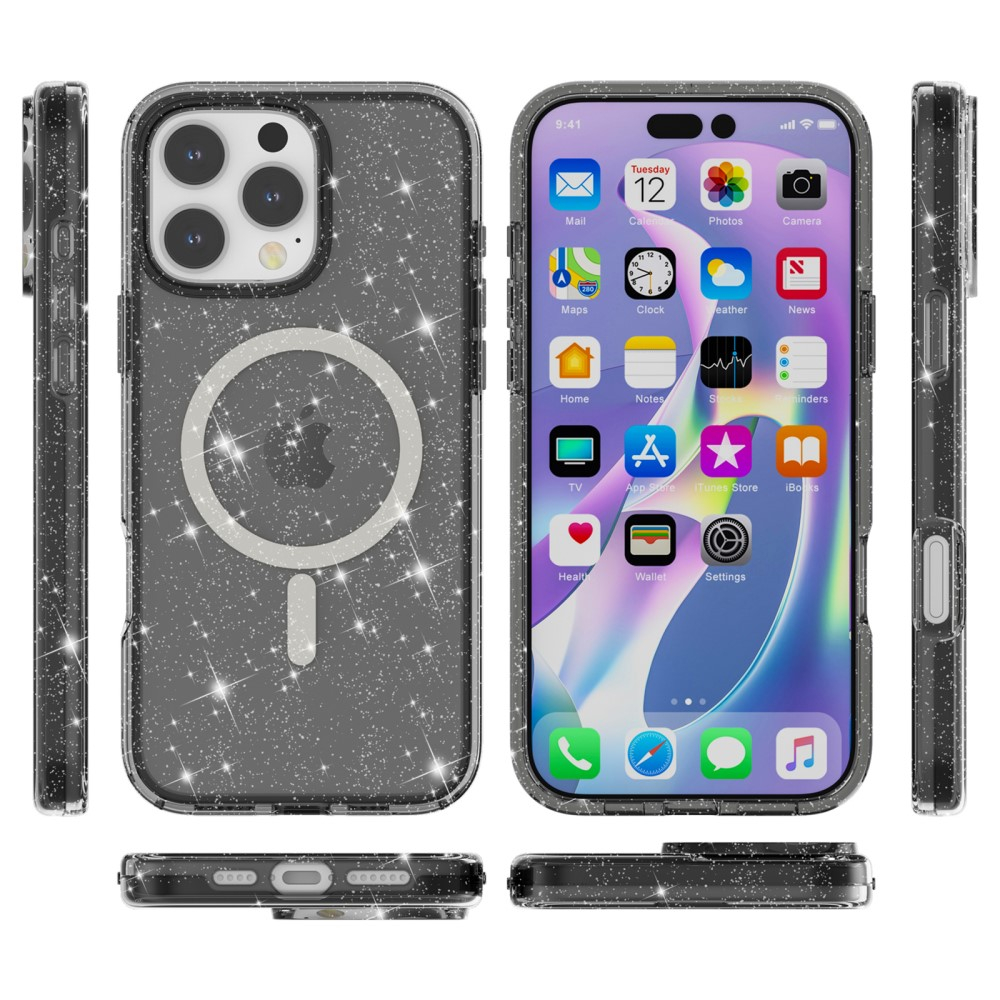 iPhone 16 Pro Max MagSafe Hybrid Hardcase Schutzhülle im Glitzer Design - Schwarz / Transparent