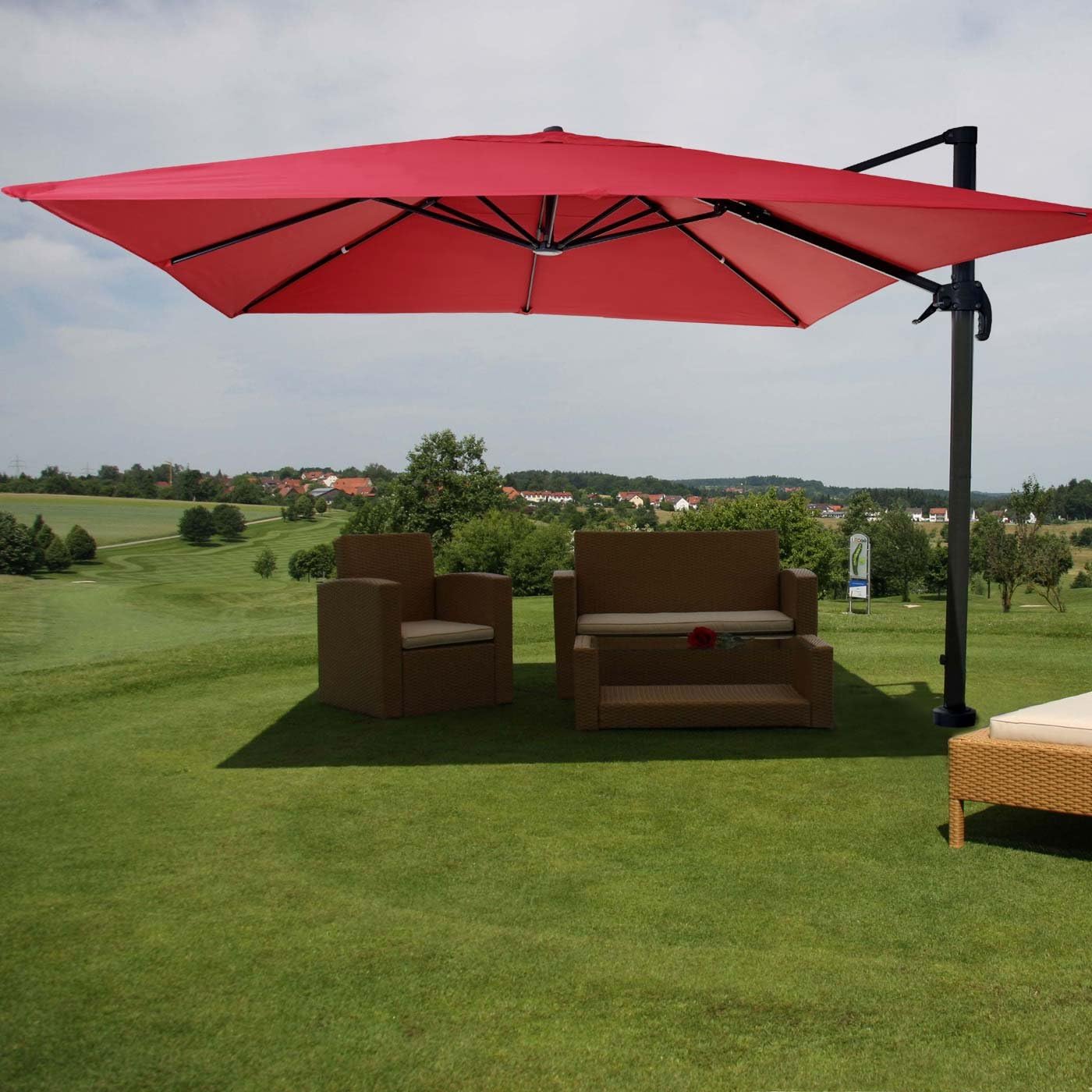 Mendler Gastronomie-Ampelschirm HWC-A96, Sonnenschirm 3x3m (Ø4,24m) Polyester Alu/Stahl 23kg drehbar