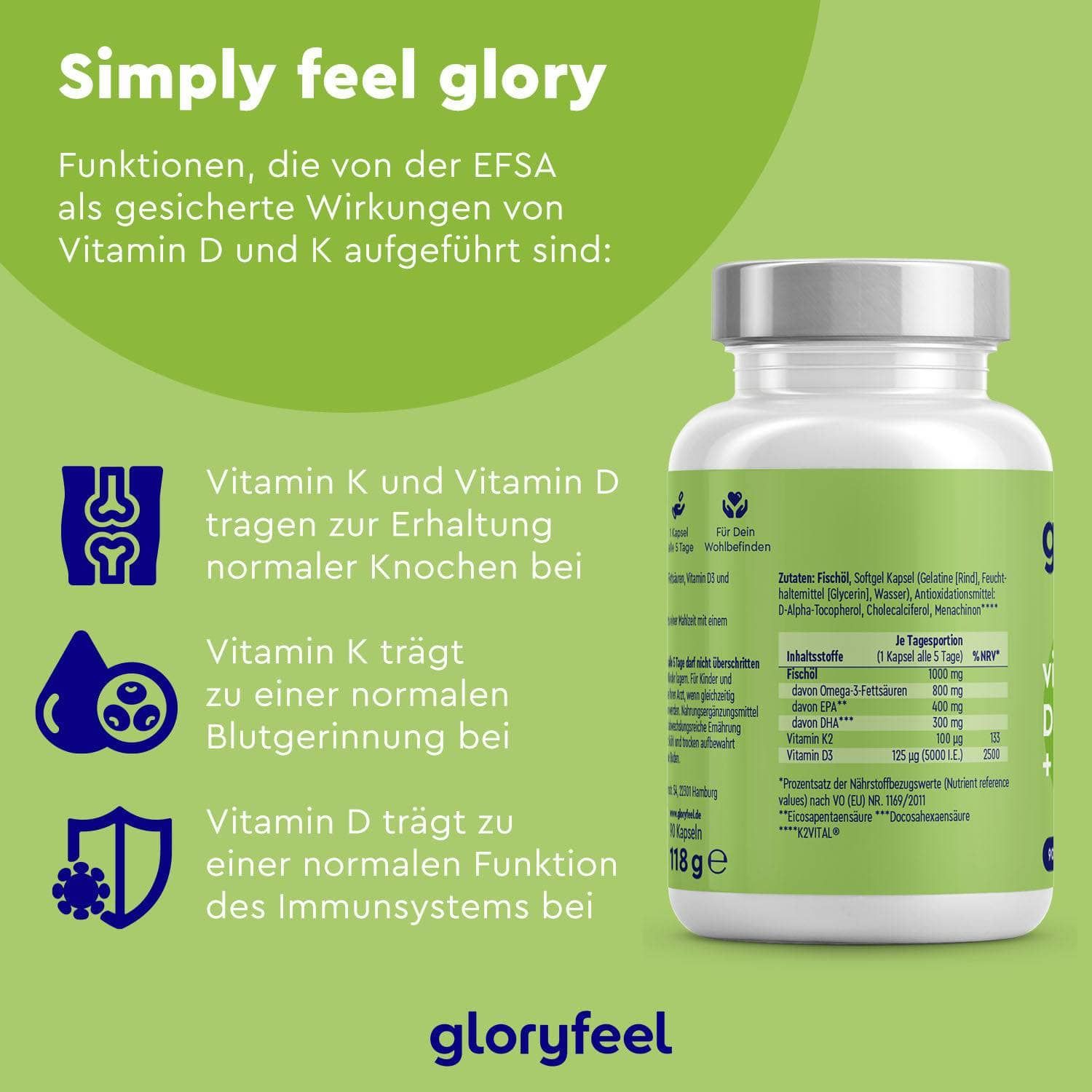 gloryfeel® Vitamin D3 5.000 I.E. K2 & Omega 3 Kapseln