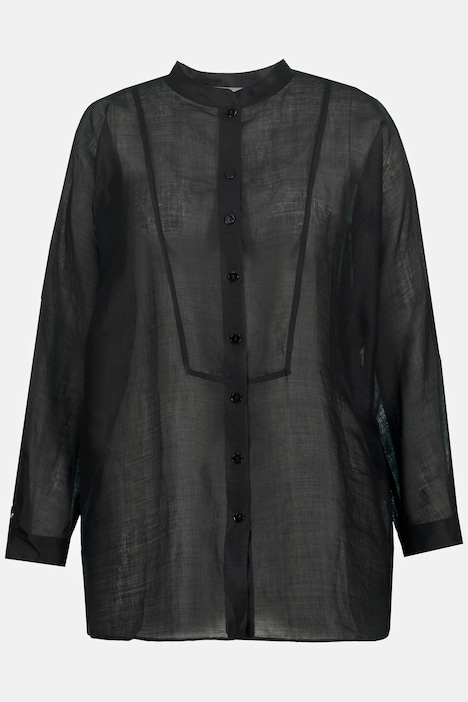 Rami-Bluse, Leinenoptik, Stehkragen, Plastron, Langarm
