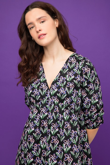 Minikleid, A-Line, Flower Print, V-Ausschnitt, weite 3/4-Ärmel