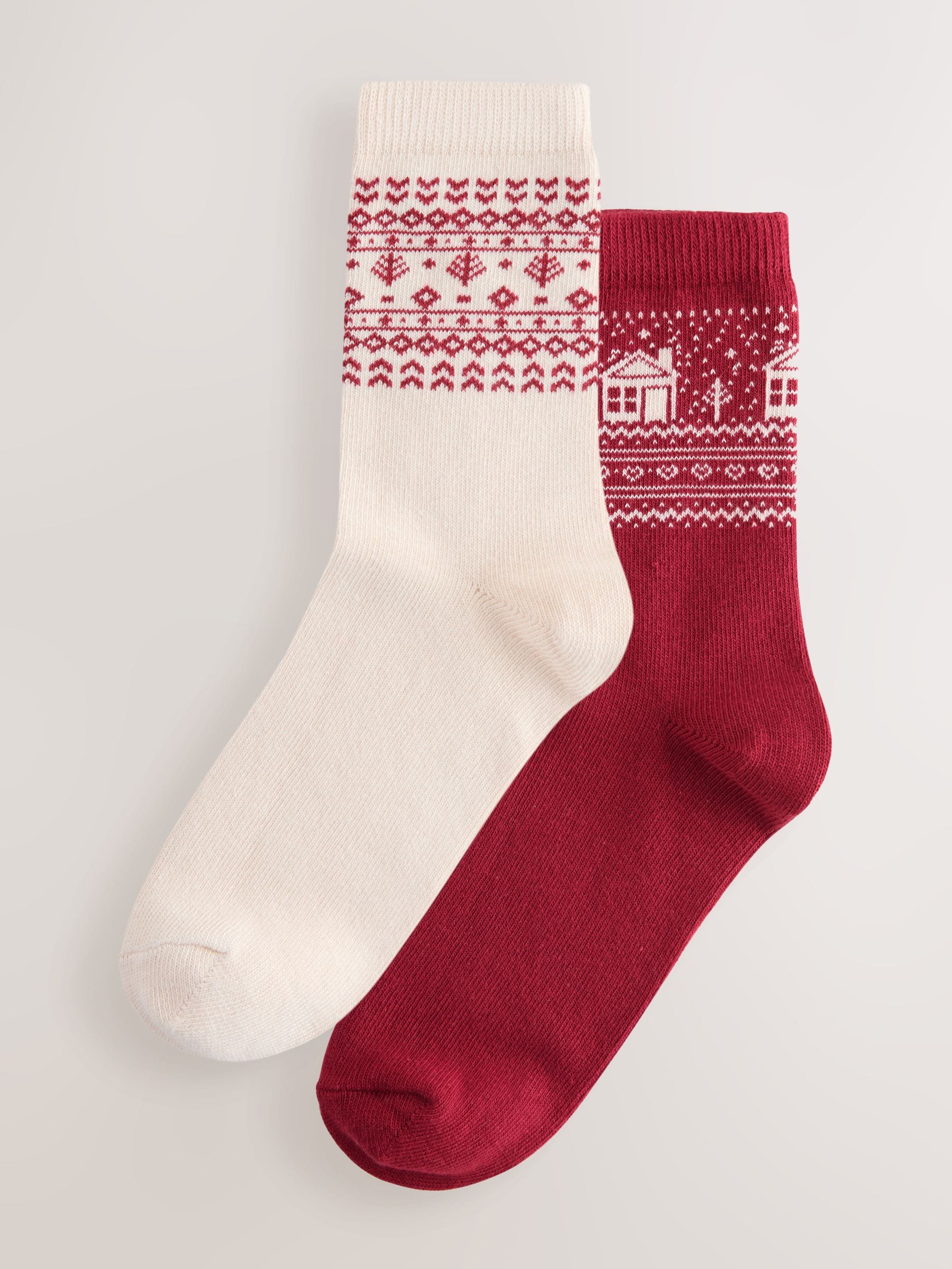 Rood/Crème Fairisle Huis - Pattern Warm Handle Ankle Socks 2 Pack