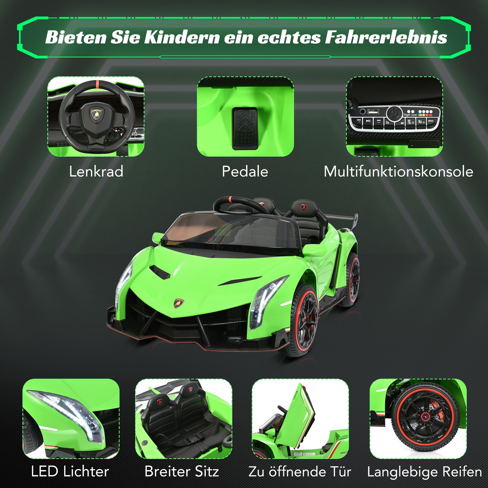 Carrinho elétrico infantil REDOM LAMBORGHINI VENENO com 2 motores, Bluetooth, portas duplas, 3 velocidades e música MP3, indicado para crianças a partir de 3 anos.