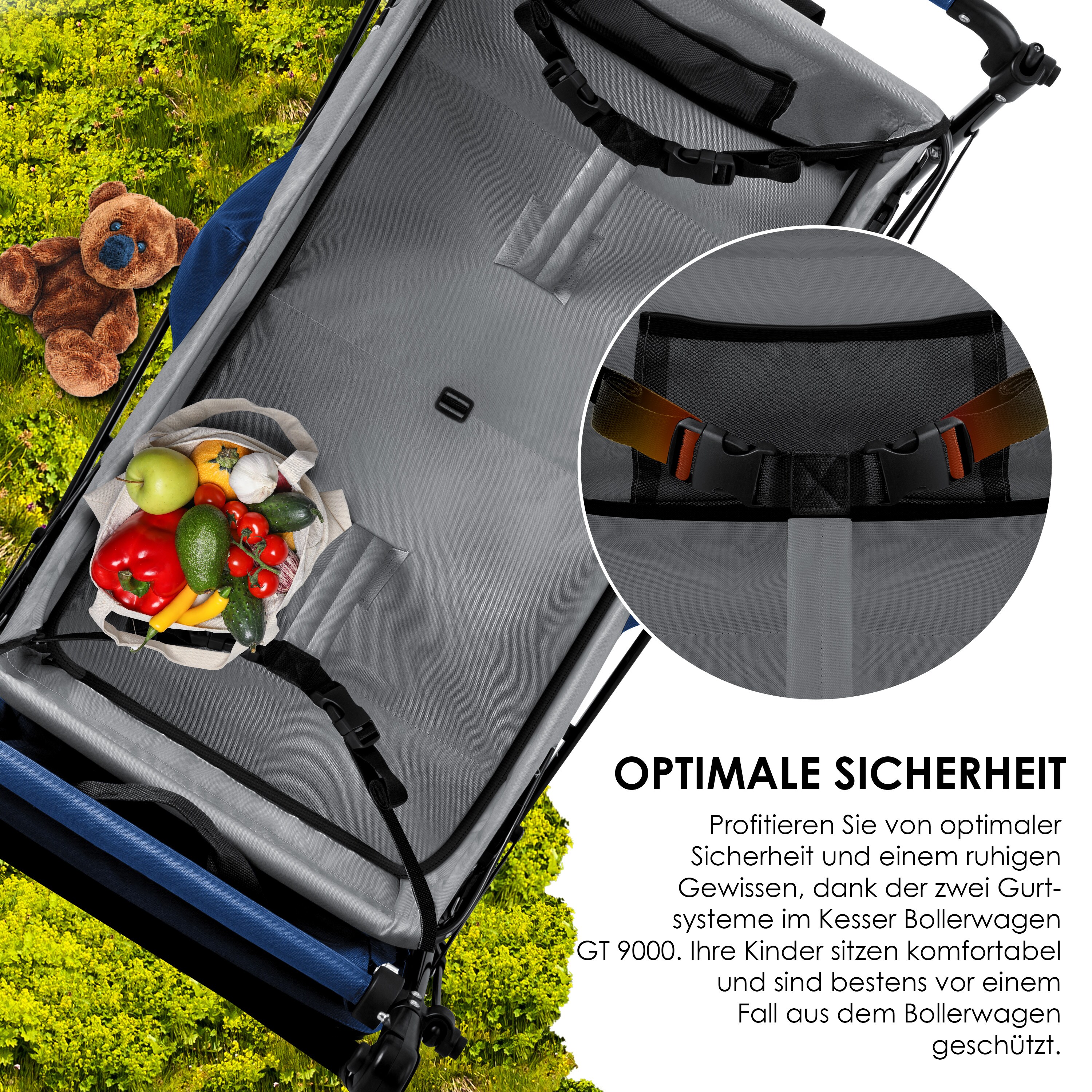 KESSER® Bollerwagen faltbar GT9000 mit Dach Handwagen Transportwagen | inkl. 2x 3-Punkt Gurtsystem| klappbar | Vollgummi-Reifen | bis 80 kg | Vorder- und Hinter-Bremse | + Tragetasche