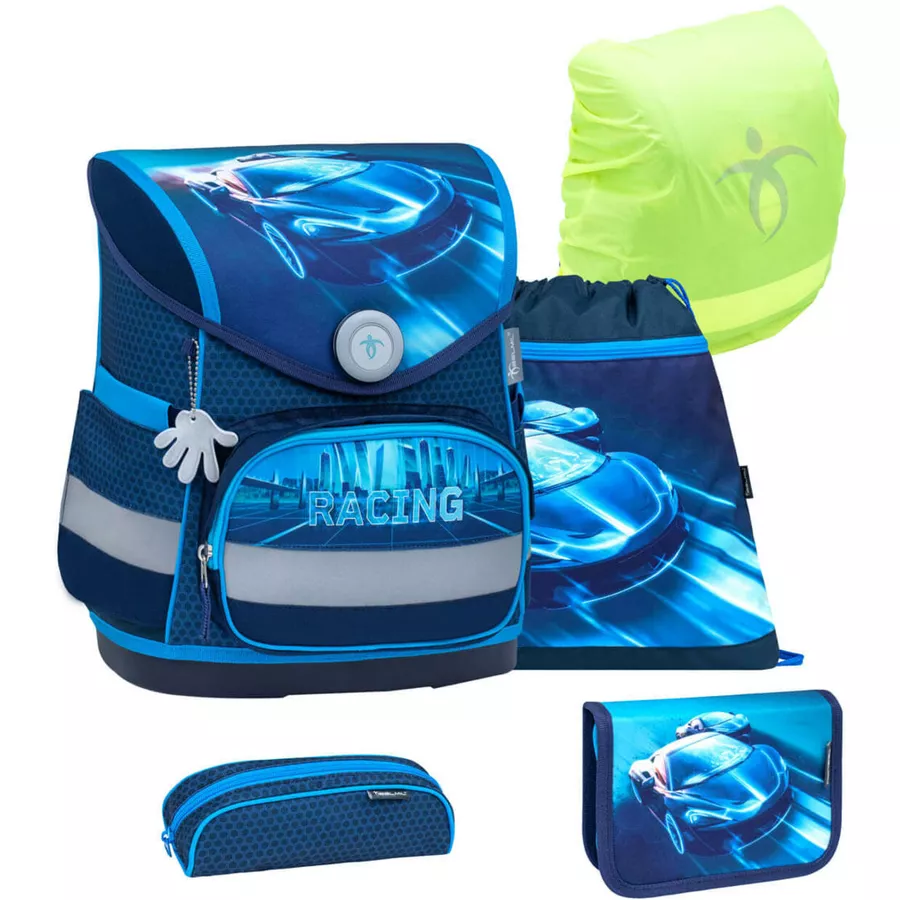 Belmil Schulranzen Compact Schulranzen Set 5-teilig mit Brustgurt Racing Blue Neon