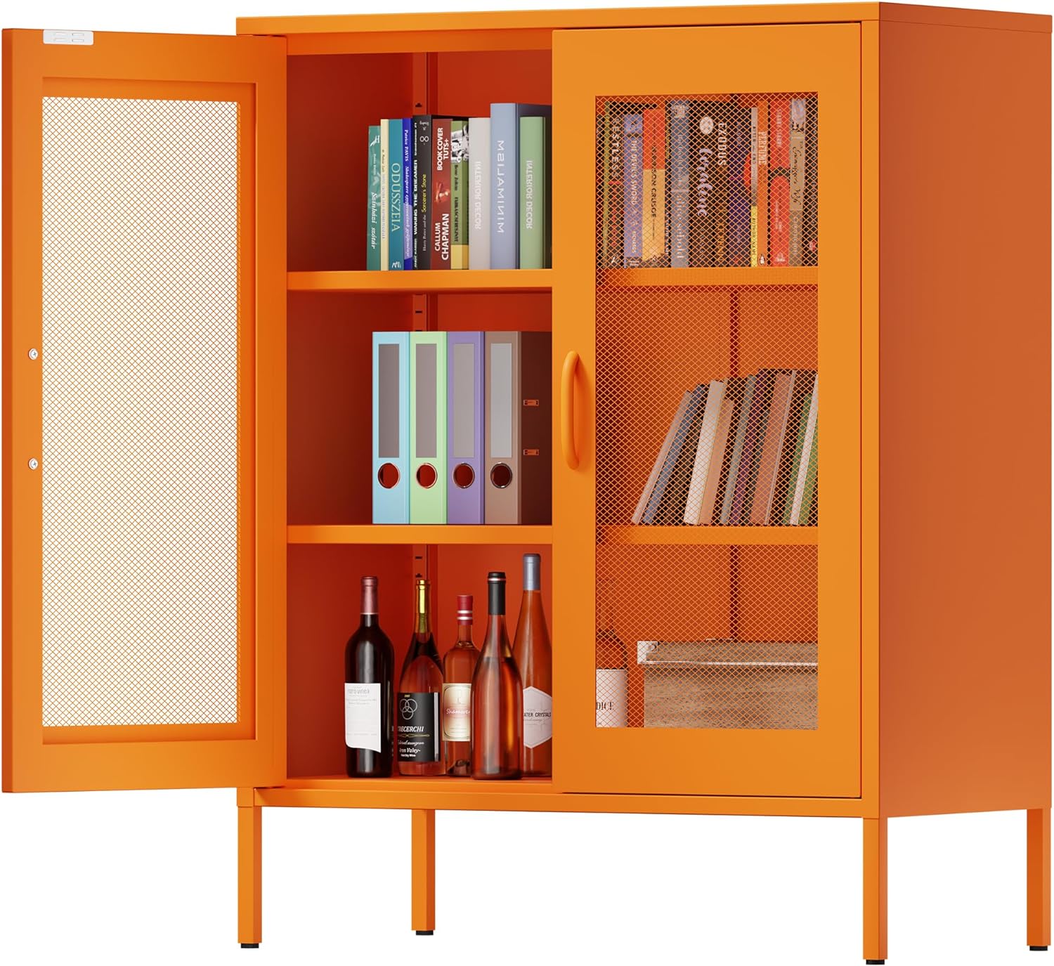 Metall Kommode 80 cm Breit, Sideboard mit 3 Fächern & 2 Mesh-Türen, Metallschrank in Orange, Mehrzweckschrank mit flexiblen Einlegeböden, Aktenschrank & Büroschrank für zu Hause und Büro
