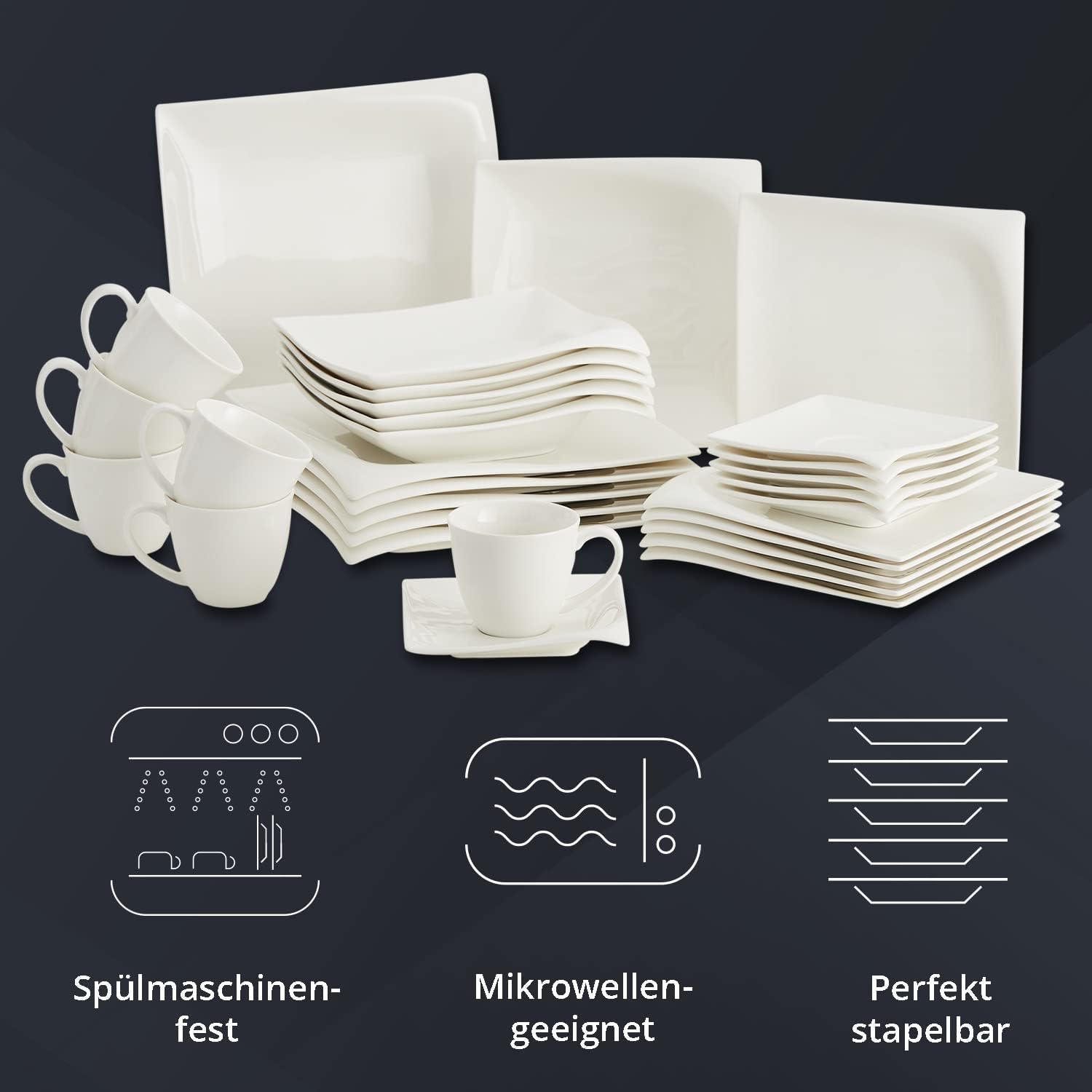 Kombiservice für 6 Personen Porzellan 30-teiliges eckiges Geschirrset weiß, geschwungenes Design 6xDessertteller 6xKaffeetassen 6xKaffeeuntertassen 6xSpeiseteller 6xSuppenteller