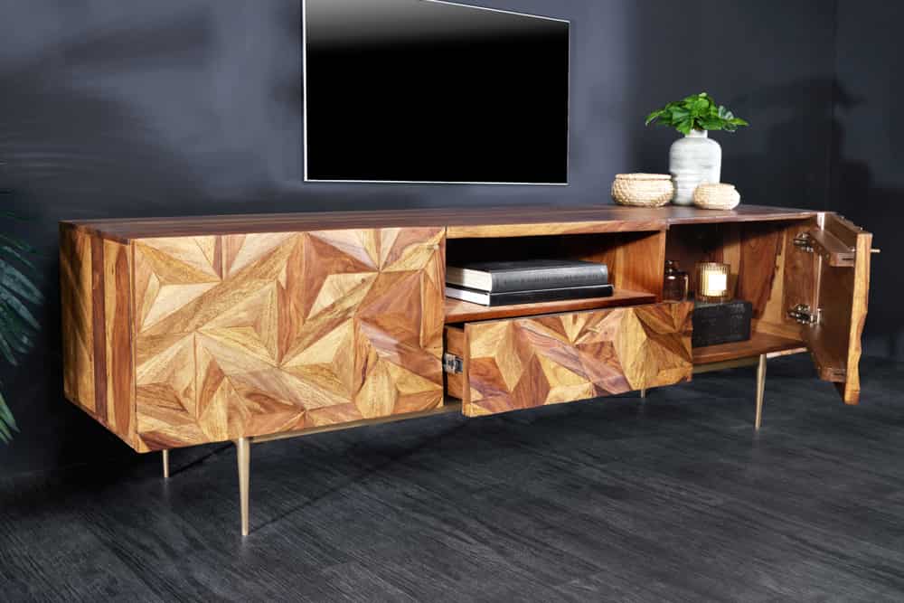 Massives TV-Board ALPINE 160cm braun Sheesham stone finish Metall matt gold
