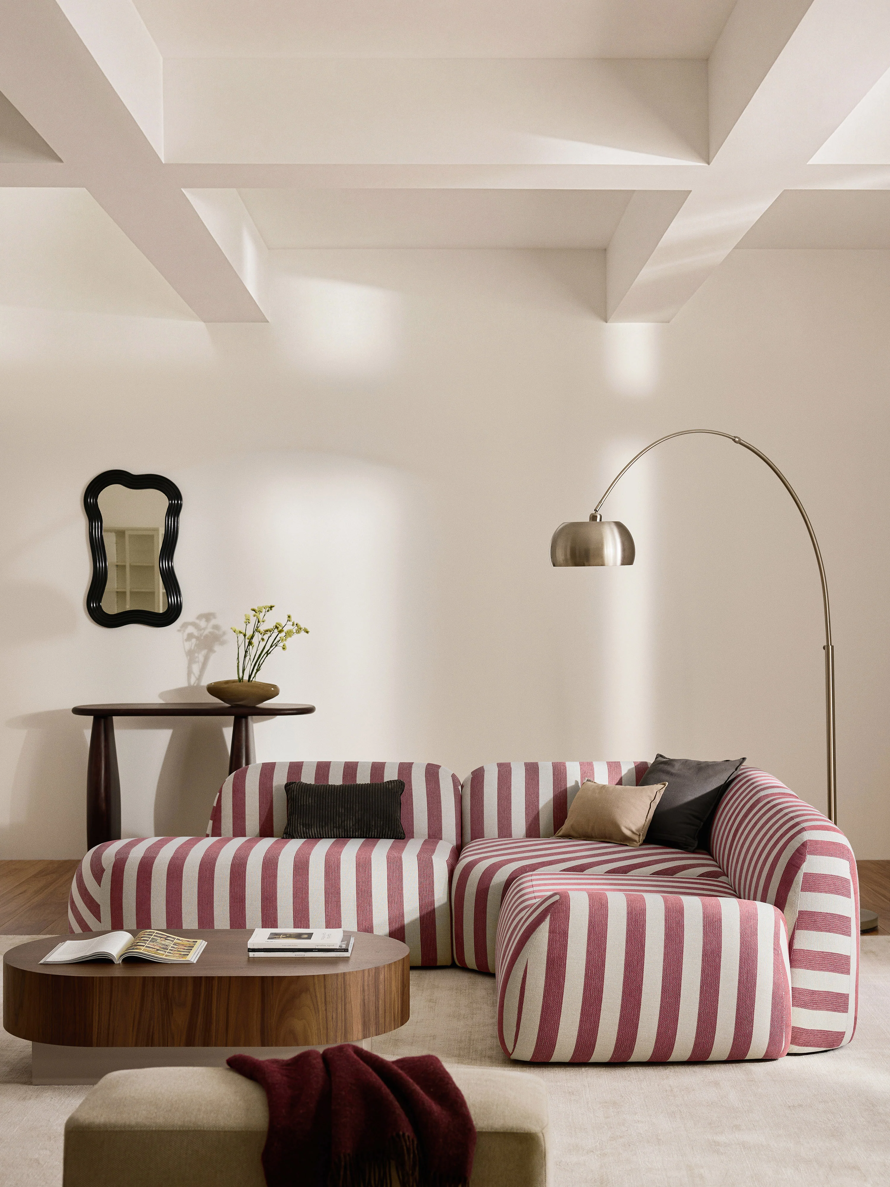 Gestreepte modulaire hoekbank Wolke (4-zits) met chaise longue