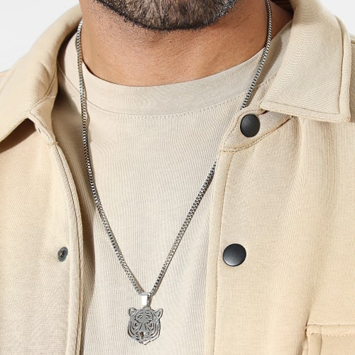 Collier Avec Pendentif Tigre Argenté