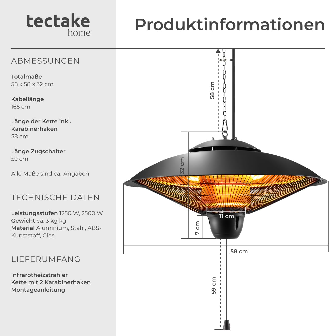 tectake® Infrarot Heizstrahler hängend, Deckenheizung, Infrarotstrahler Lampe zum Aufhängen an Decke, outdoor und indoor Infrarotheizung, Heizung elektrisch, Deckenheizstrahler für Terrasse