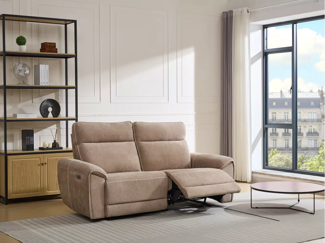 Canapé 3 places relax électrique en tissu taupe DJARALO