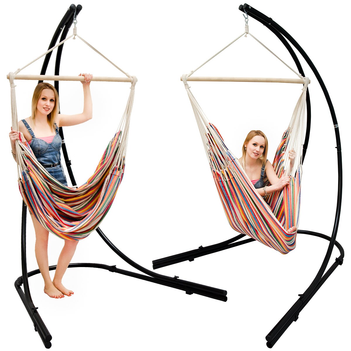 Freistehendes Stahl-Hängestuhlgestell 210cm inkl. XXL Hängesessel aus Baumwolle mit Swivel 185x130cm