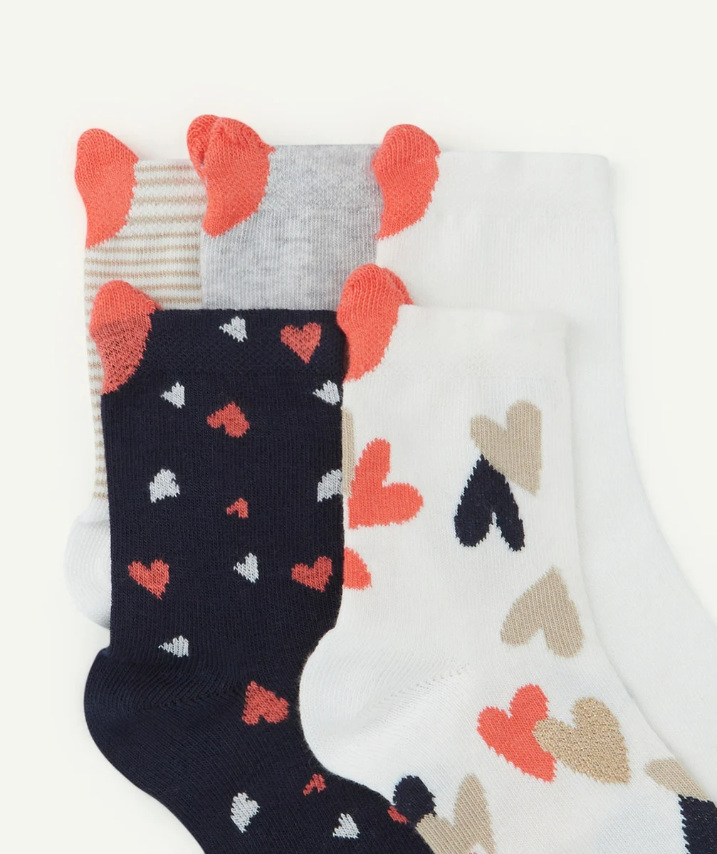 LOT DE 5 CHAUSSETTES HAUTES FILLE UNIES ET IMPRIMÉES AVEC COEURS