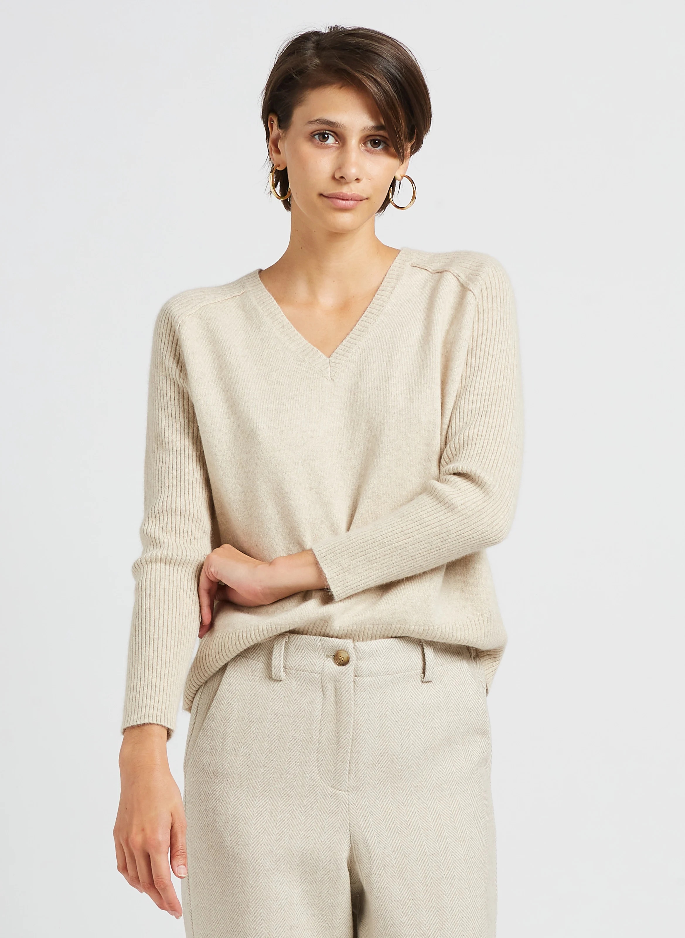 SEPTEMBRE - Pull ample col v en laine mélangée | Beige