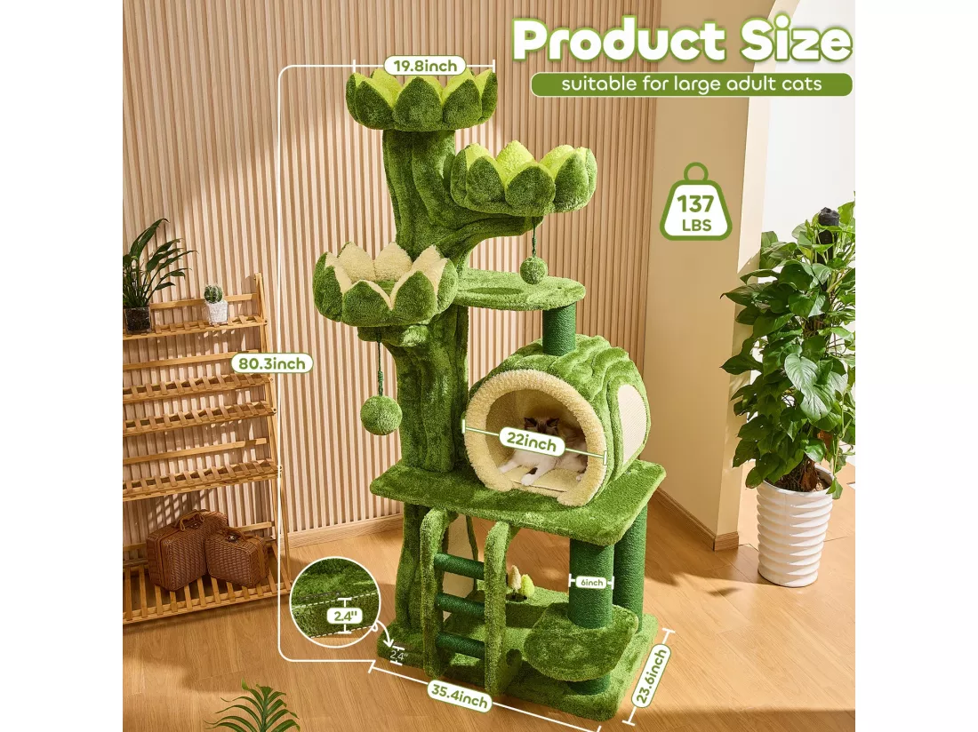 Arbre à chat en bois massif, d89.9cm×h205.9cm, vert